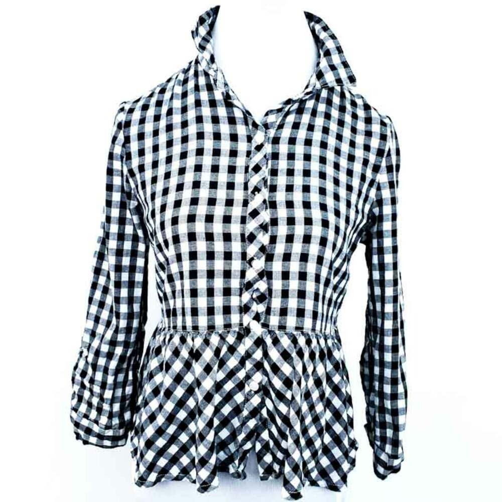 Love Notes Gingham Black White Shirt 3/4 Sleeve Medium Women Peplum Hem Collar